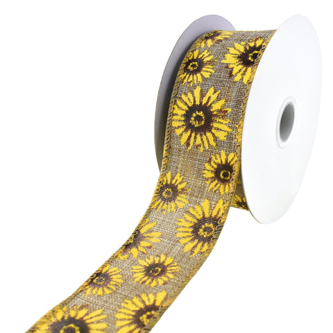 Mini Sunflower Pattern Faux Linen Wired Ribbon, 1-1/2-Inch, 10-Yard