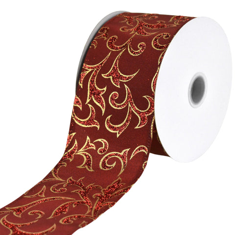 Christmas Glittered Swirls Metallic Faux Linen Wired Ribbon, 2-1/2-inch, 10-yard