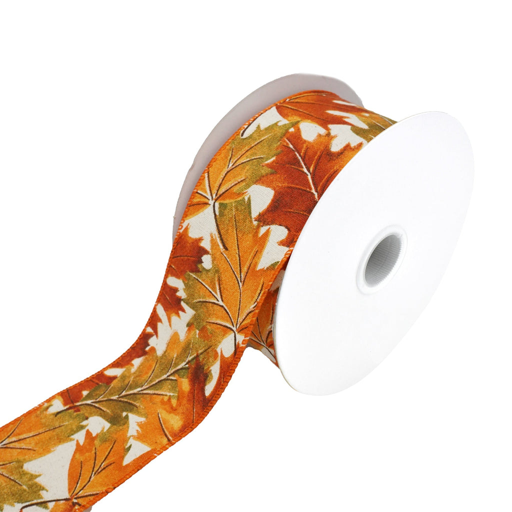 Fall Leaves Canvas Wired Ribbon, Ivory, 2-1/2-Inch, 10-Yard