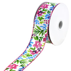 Watercolor Flowers Faux Linen Wired Ribbon, 10-yard