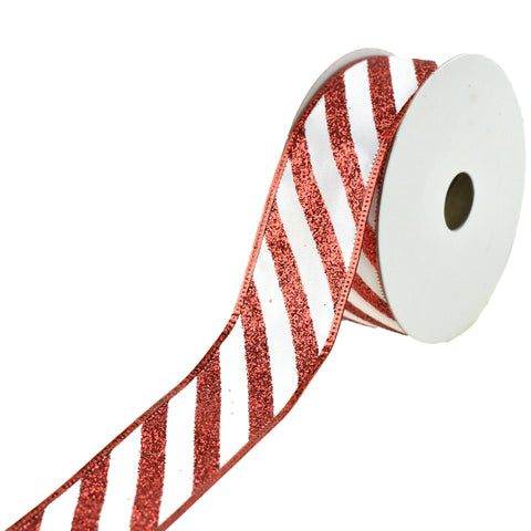 Christmas Glitter Holiday Stripes Wired Ribbon, 1-1/2-Inch, 10-Yard - Red/White