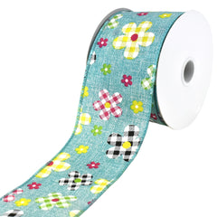 Plaid Patterned Spring Flowers Wired Ribbon, 10-yard