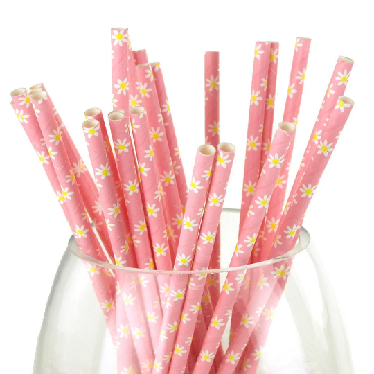 Flowers Paper Straws, 7-3/4-inch, 25-count, Pink