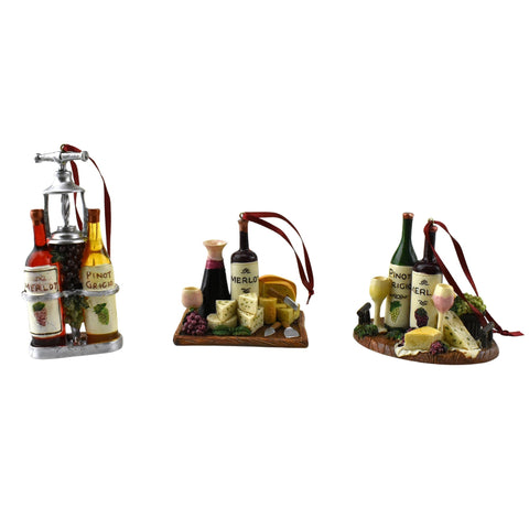 Wine and Cheese Tray Christmas Ornaments, 2-3/4-Inch, 3-Piece