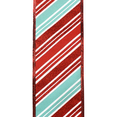 Christmas Glitter Candy Cane Stripes Wired Ribbon, 1-1/2-inch, 10-yard, Aqua/Red