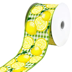 Gingham Printed Lemons Wired Ribbon, 10-yard