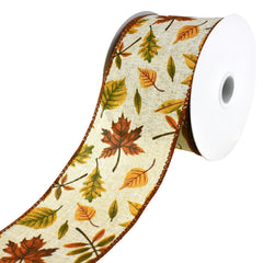 Autumn Falling Leaves Faux Linen Wired Ribbon, 10-yard