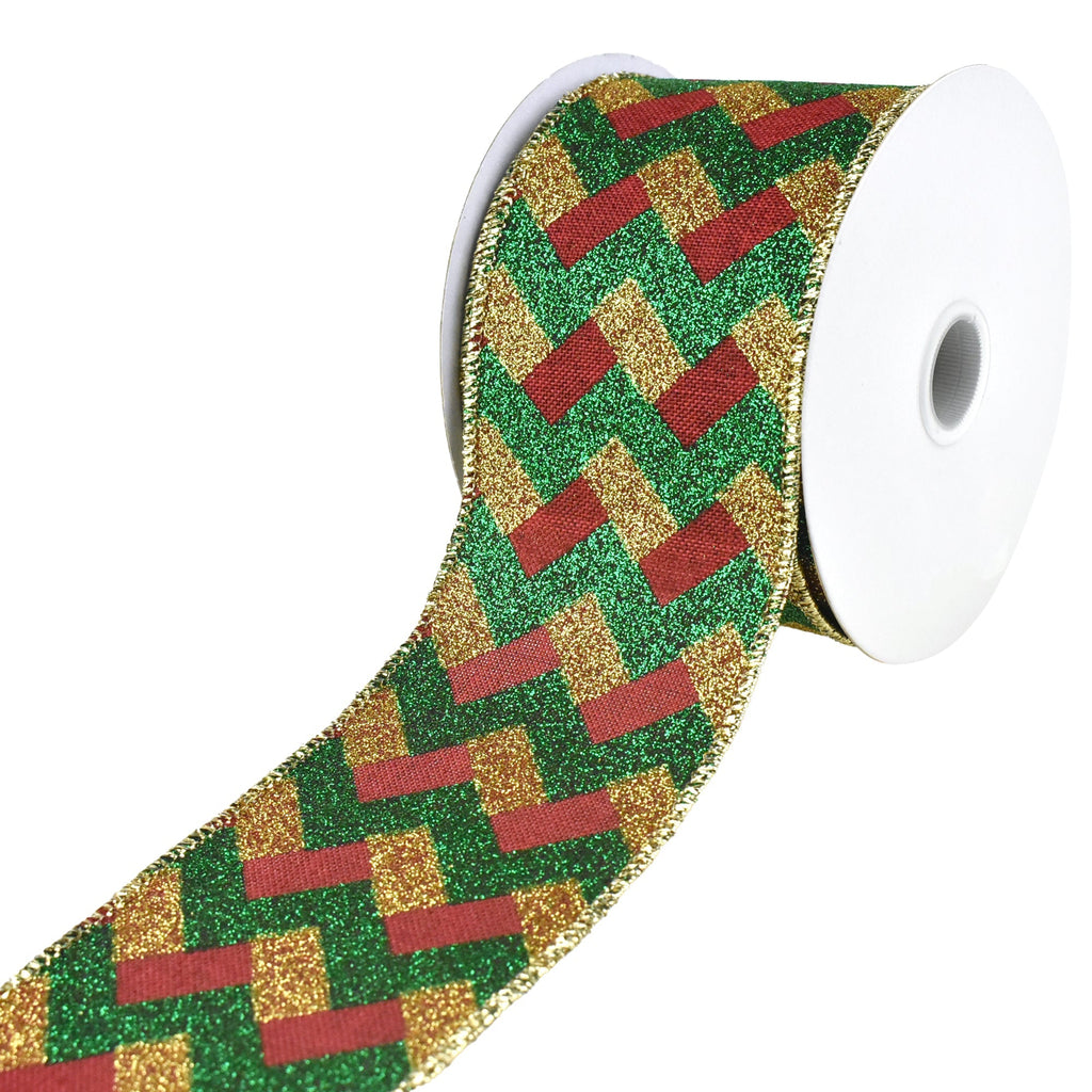 Christmas Glittered Zig Zags Wired Ribbon, 2-1/2-Inch, 10-Yard