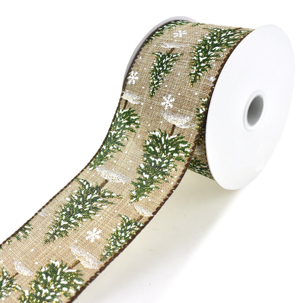 Snowy Glittered Christmas Trees Wired Ribbon, 2-1/2-Inch, 10-Yard