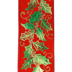 Christmas Metallic Embossed Holly Leaves Wired Ribbon, 2-1/2-Inch, 10-Yard