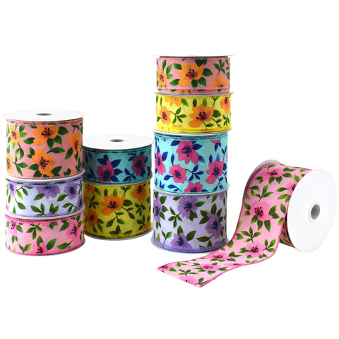 Printed Spring Magnolias Wired Ribbon, 10-yard