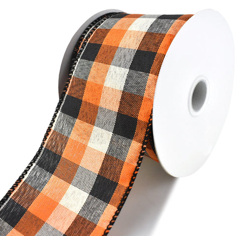 Square Plaid Wired Ribbon, Ivory/Orange/Black, 2-1/2-Inch, 10-Yard