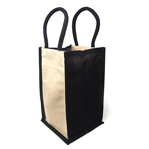 Black Cotton Handle Jute Wine Bag w/Divider, 14-inch, 4 Bottles