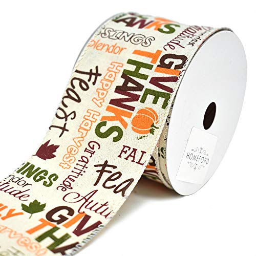 Happy Thanksgiving Muslin Wired Edge Ribbon, 2-1/2-inch, Ivory