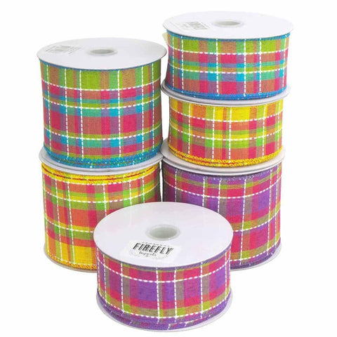 Colorful Dash Plaid Polyester Ribbon Wired Edge, 10 Yards