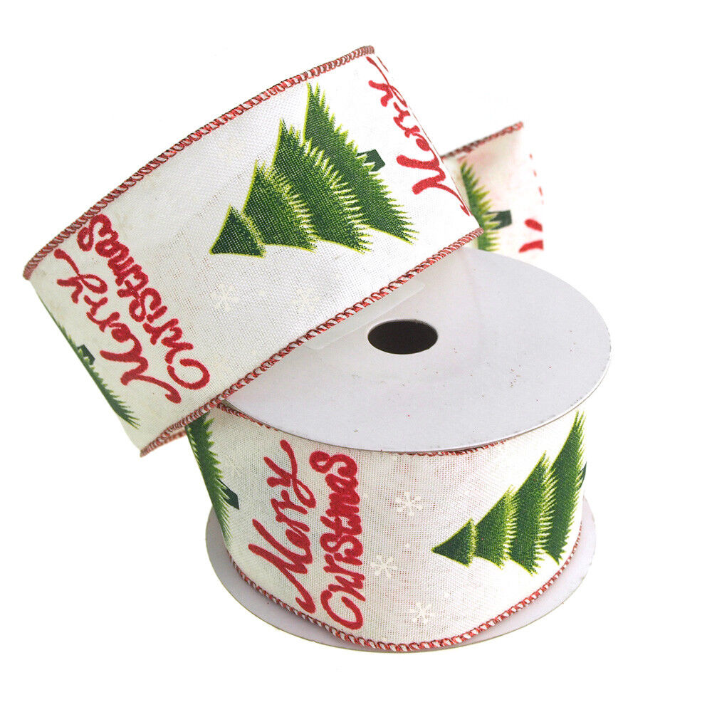 Merry Christmas Canvas Ribbon Wired Edge, 2-1/2-inch, 10-yard, White