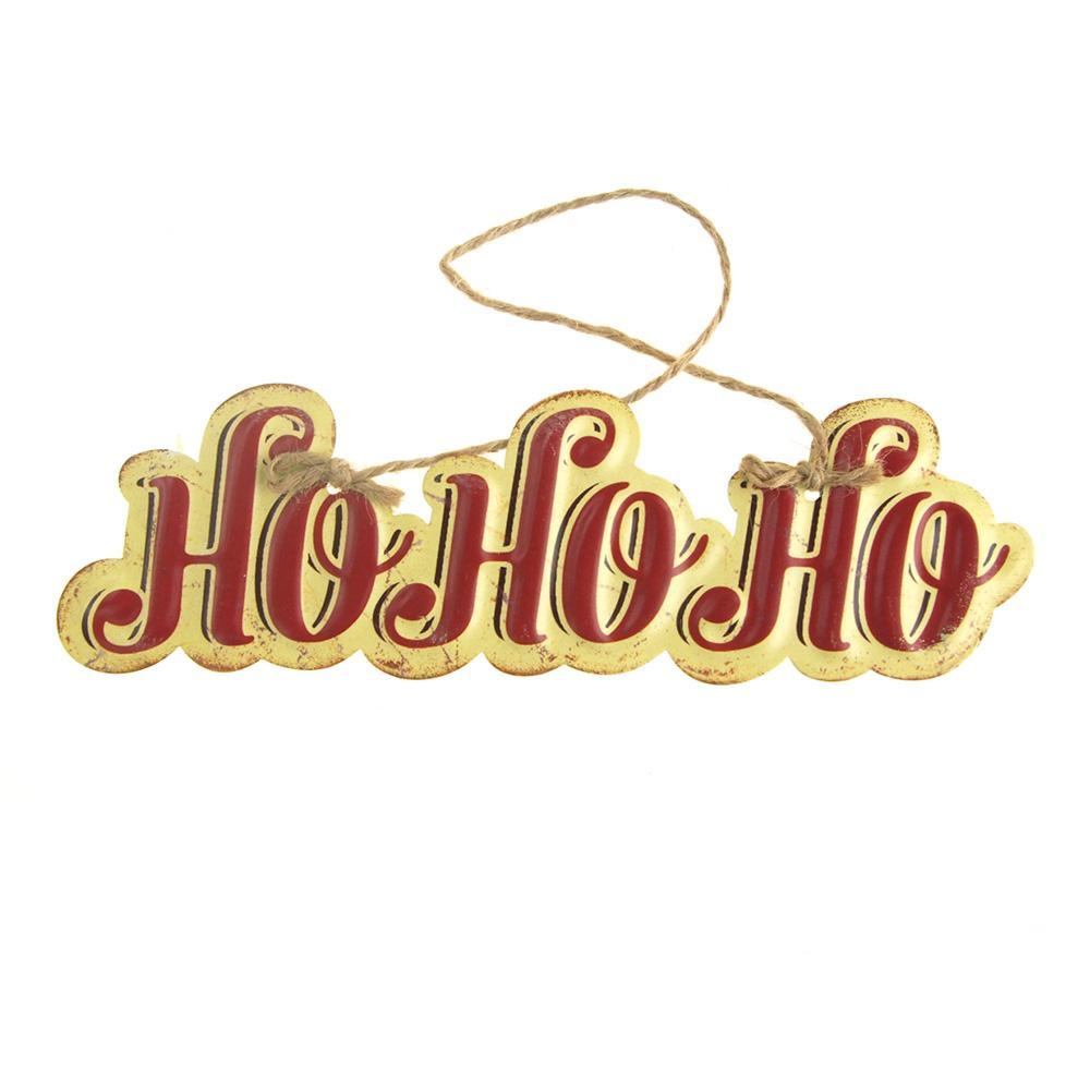 Vintage Style Hanging Metal "Ho Ho Ho" Christmas Sign, Red/Yellow, 8-Inch x 2-1/2-Inch