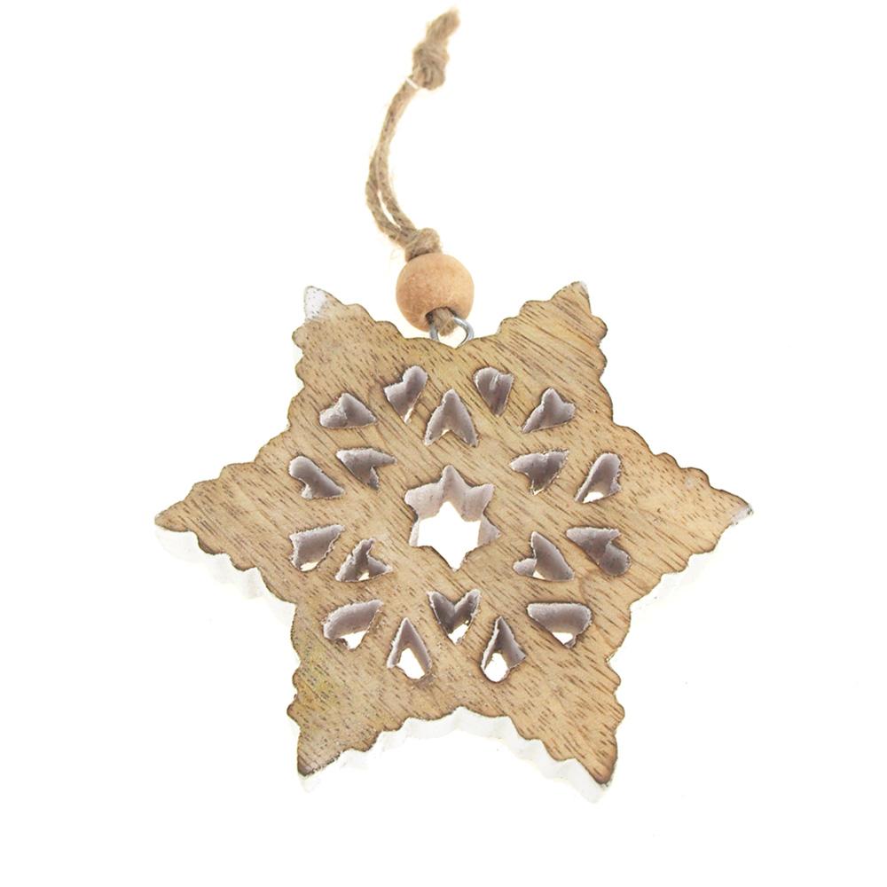 Snowflake Wooden Christmas Ornament, Natural/White, 4-Inch