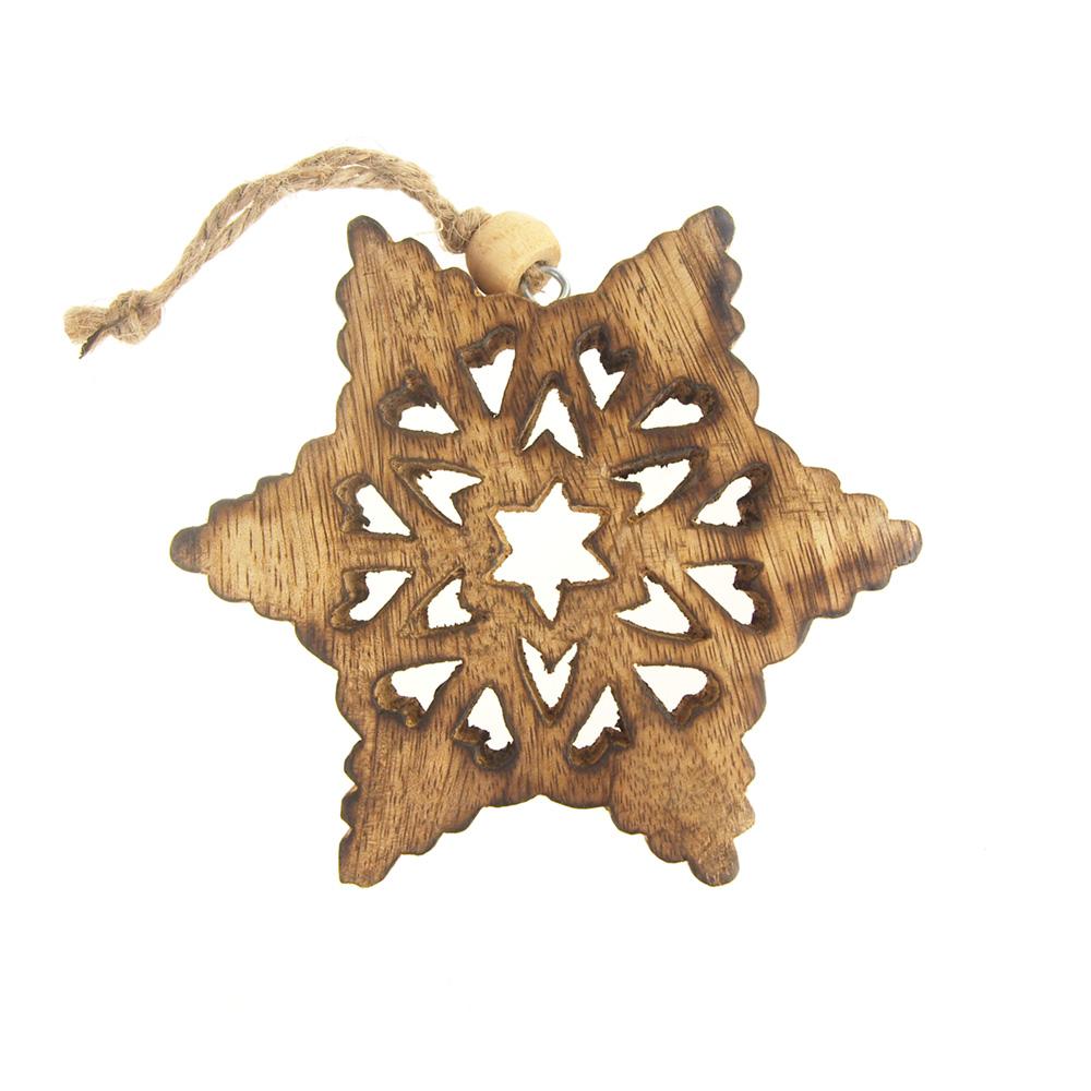 Hanging Wood Star Snowflake Christmas Tree Ornament, Natural, 5-Inch