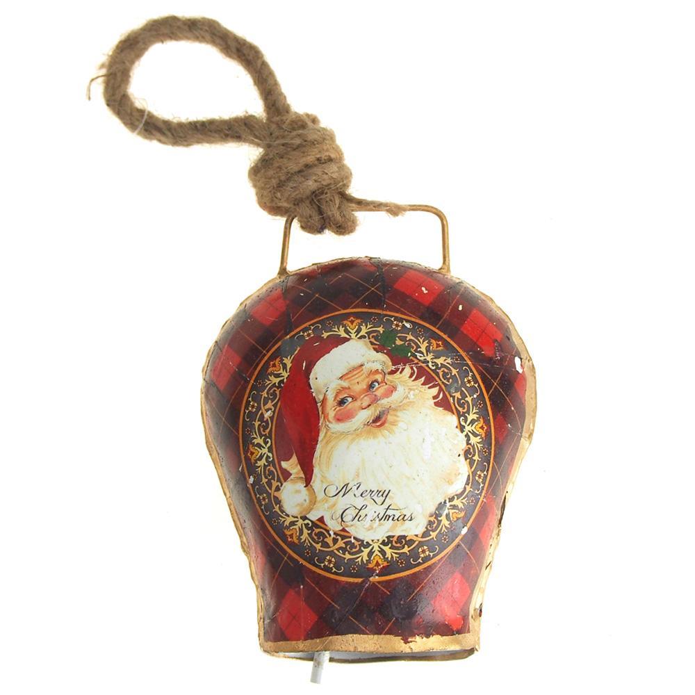 Hanging Tin Bell Merry Christmas Santa Christmas Ornament, Red, 5-Inch