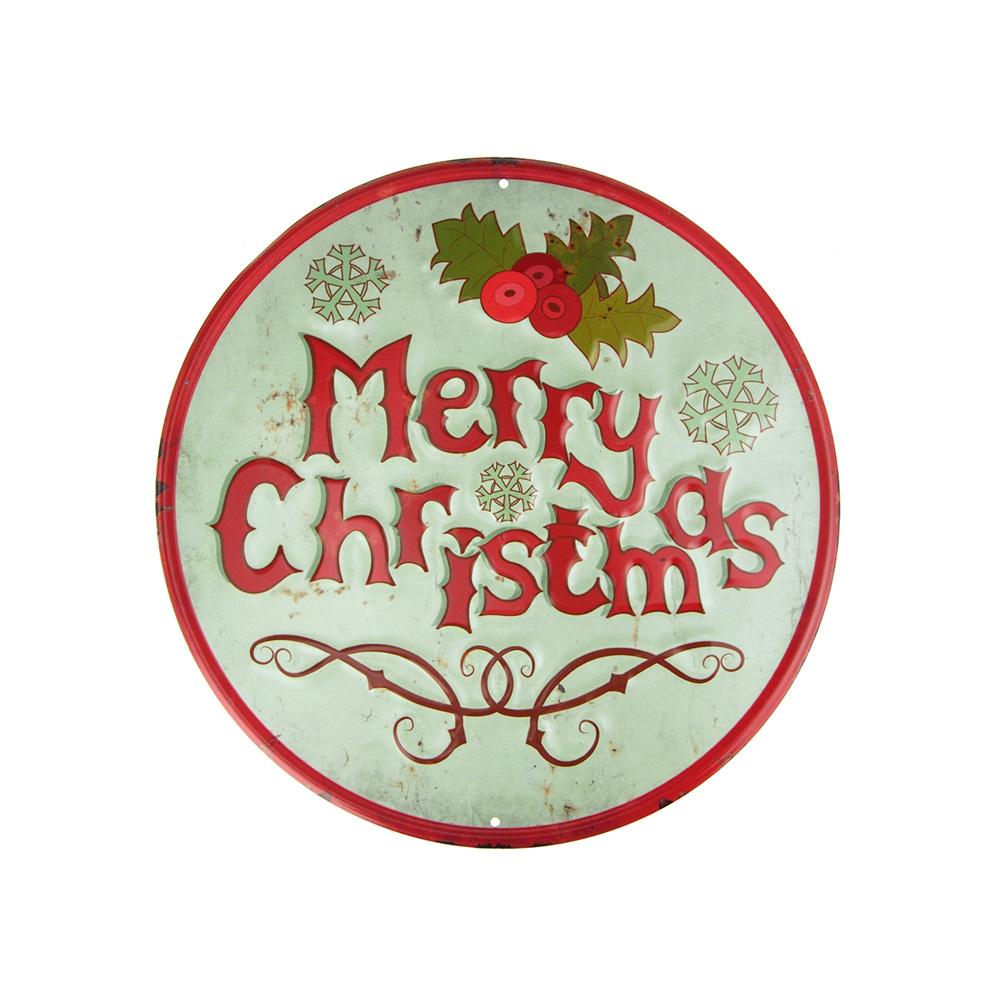 Vintage Style Metal Round "Merry Christmas" Sign with Mistletoe, Mint Green, 11-3/4-Inch