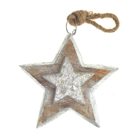 Hanging Wooden Distressed Star Christmas Ornament, Natural/Silver, 6-Inch